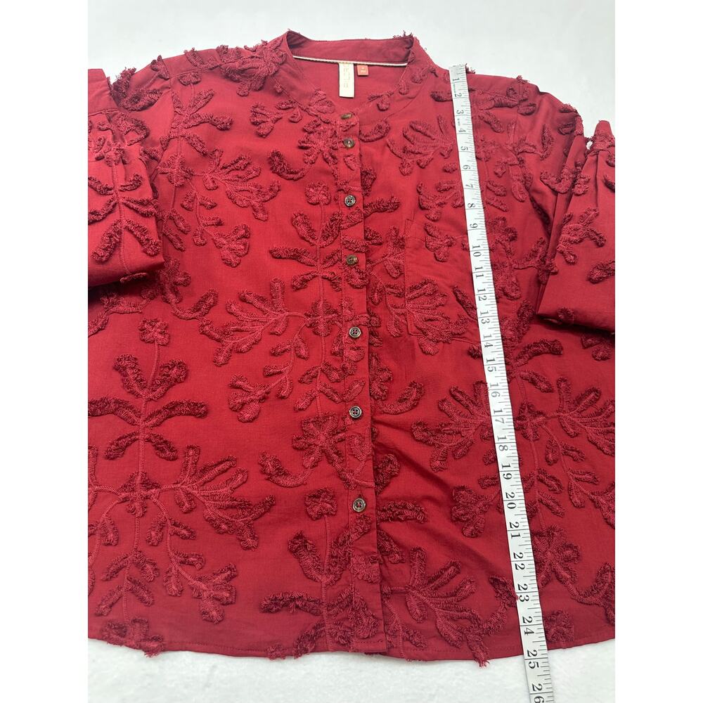 Anthropologie Pilcro Whitney Textured Button Blouse Red Floral Appliqué Size M - Picture 7 of 8